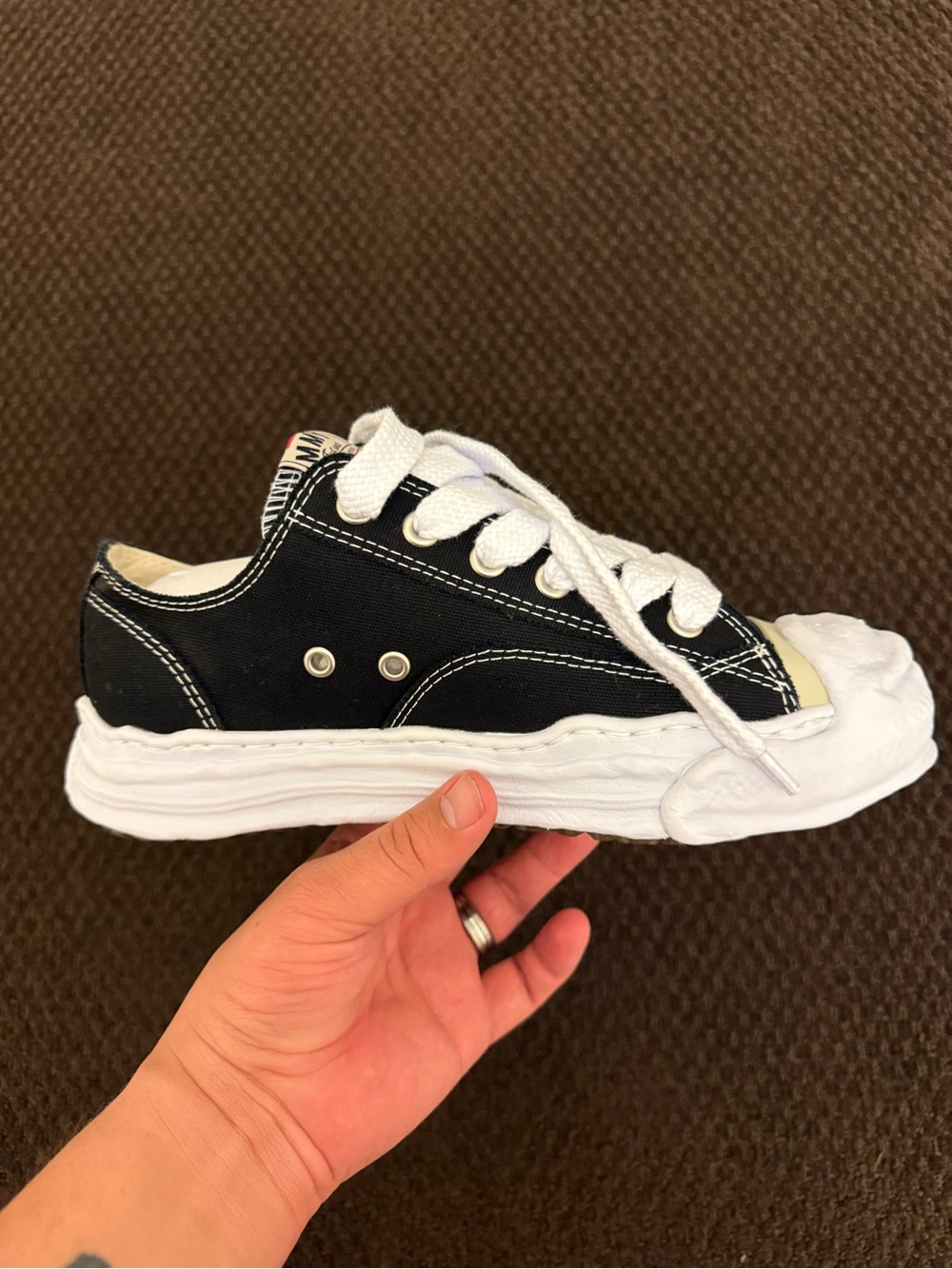 Maison Mihara “Hank” Black Canvas Low-Top Sneakers with White Laces